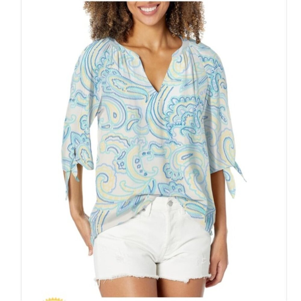 Pappagallo Women's Medallion Printed Challis V-Neck Top with Raglan Tie Sleeve M